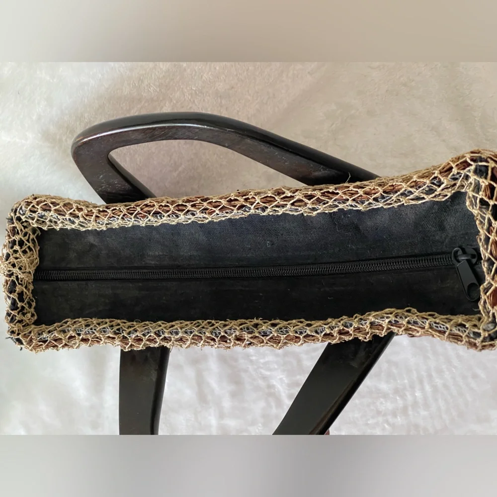 Vintage handmade purse from Thailand zipper closure, wood handles